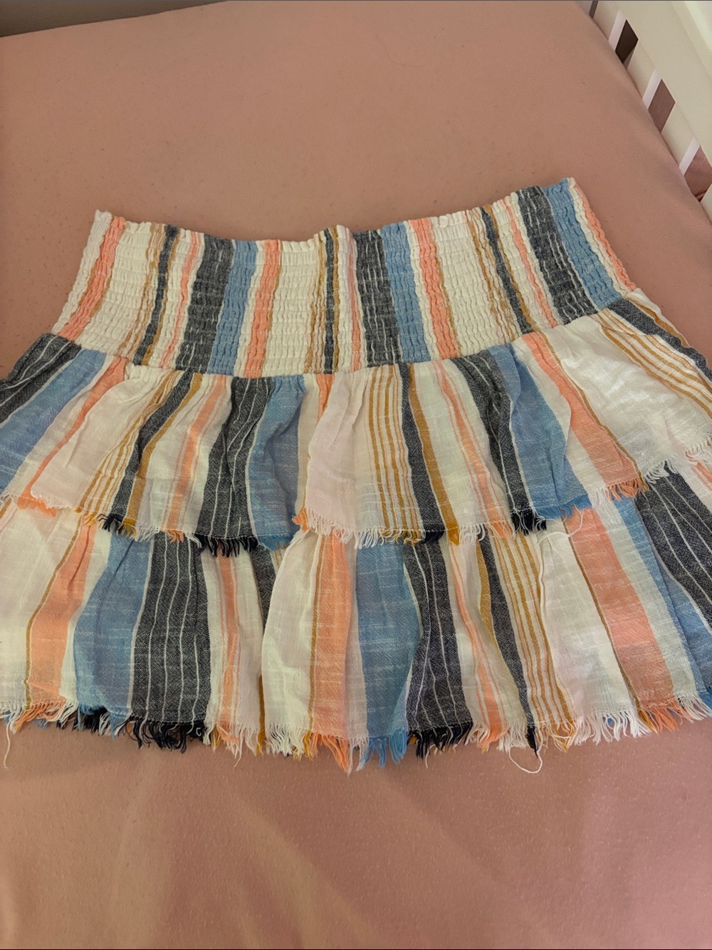 aerie Tiered Striped Mini Skirt in Coral, Blue & Cream